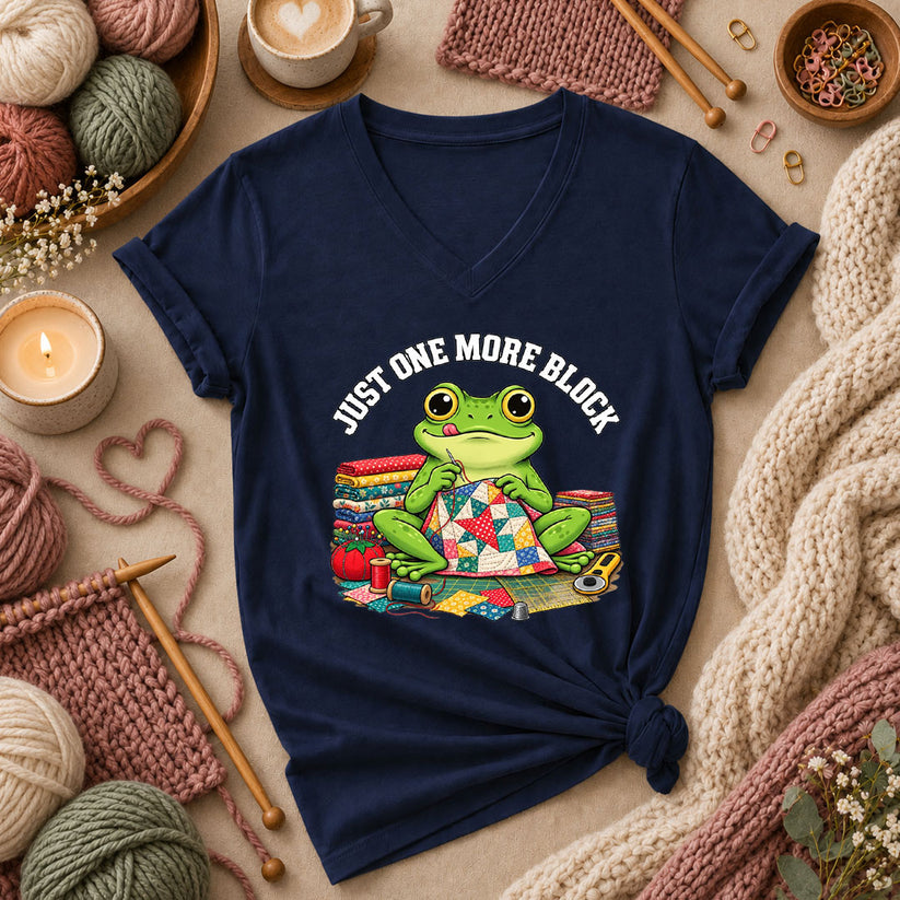 Just One More Block Frog Quilting Women's V-Neck - Navy