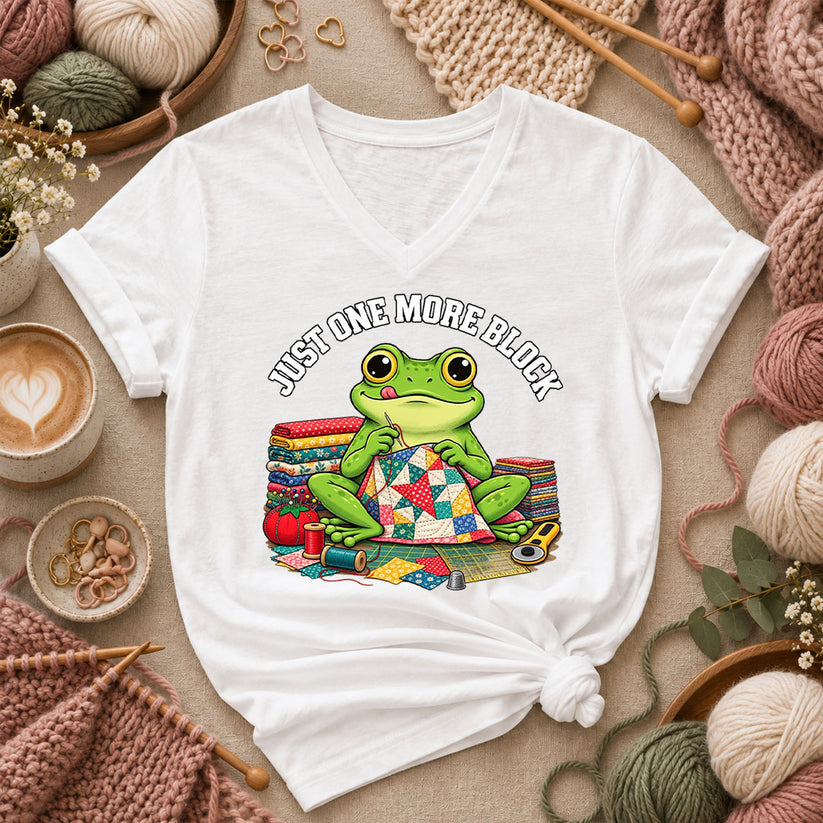 Just One More Block Frog Quilting Women's V-Neck - White