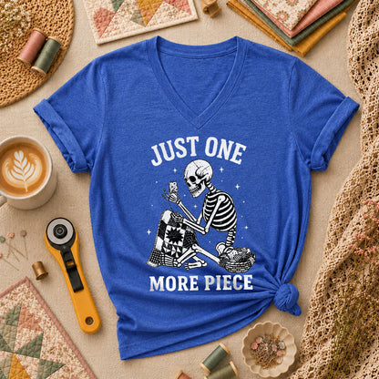 Just One More Piece Skeleton Quilter Women's V-Neck - Heather True Royal