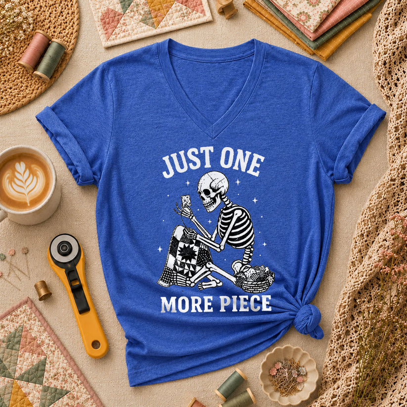 Just One More Piece Skeleton Quilter Women's V-Neck - Heather True Royal