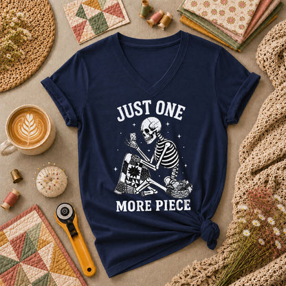 Just One More Piece Skeleton Quilter Women's V-Neck - Navy