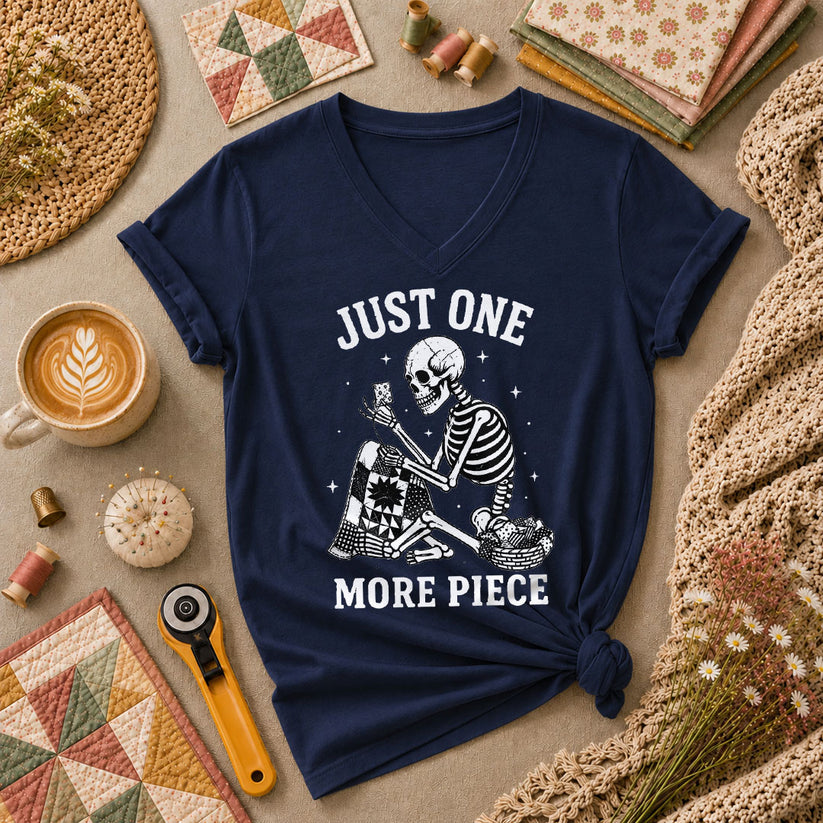 Just One More Piece Skeleton Quilter Women's V-Neck - Navy