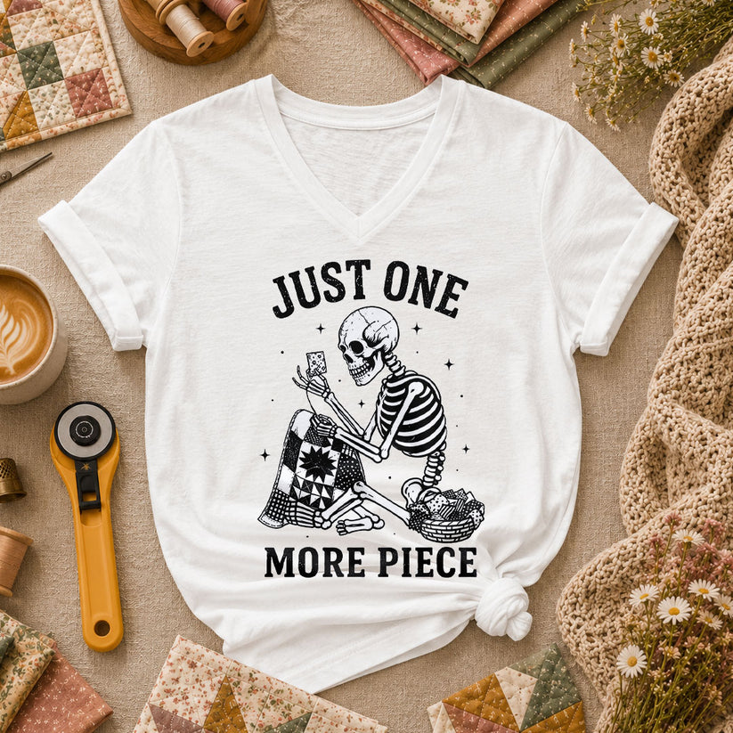 Just One More Piece Skeleton Quilter Women's V-Neck - White