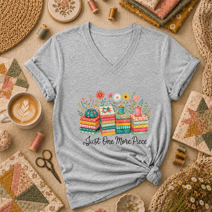 Just One More Piece Wildflowers Fabric Stack Women's V-Neck - Athletic Heather