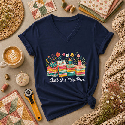 Just One More Piece Wildflowers Fabric Stack Women's V-Neck - Navy