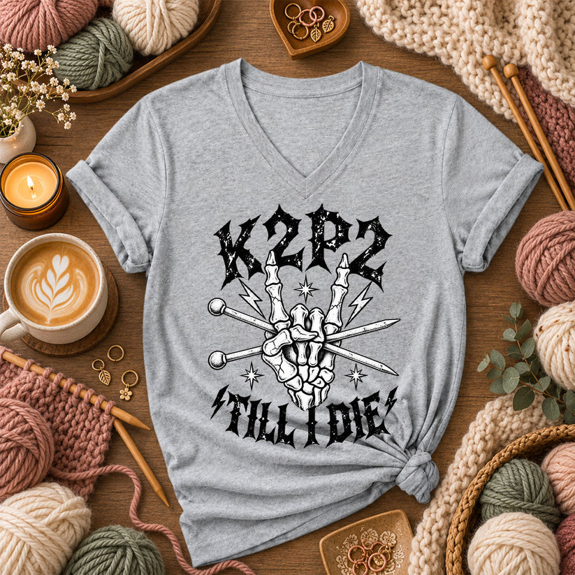 K2P2 Till I Die Skeleton Hand Women's V-Neck - Athletic Heather