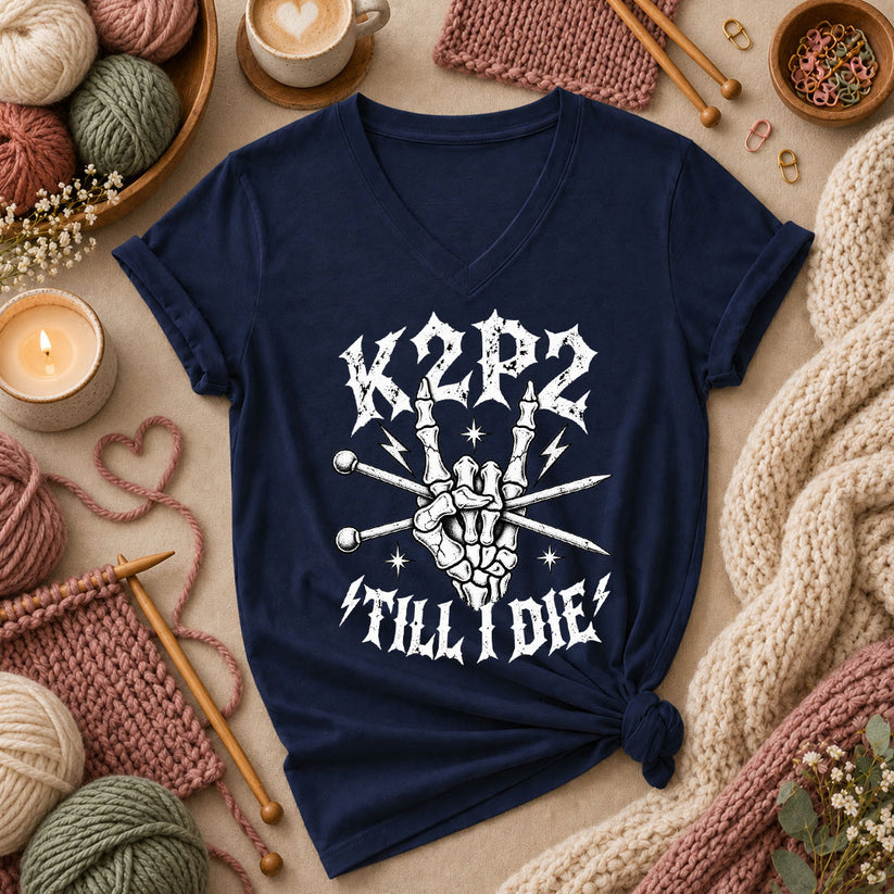 K2P2 Till I Die Skeleton Hand Women's V-Neck - Navy