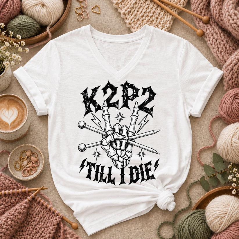 K2P2 Till I Die Skeleton Hand Women's V-Neck - White