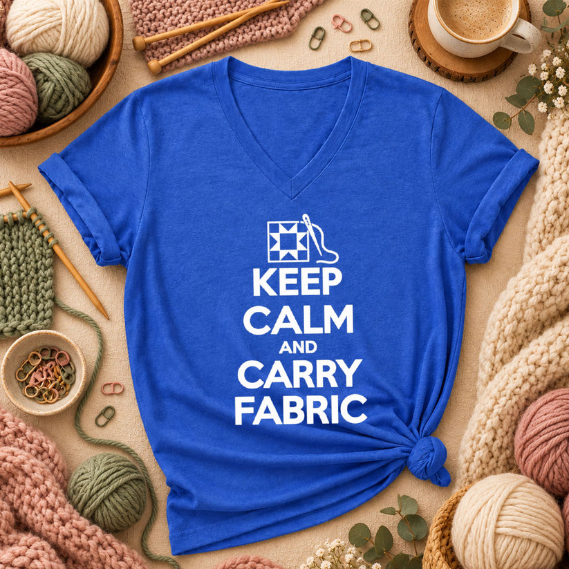 Keep Calm And Carry Fabric Quilt Block Women's V-Neck - Heather True Royal
