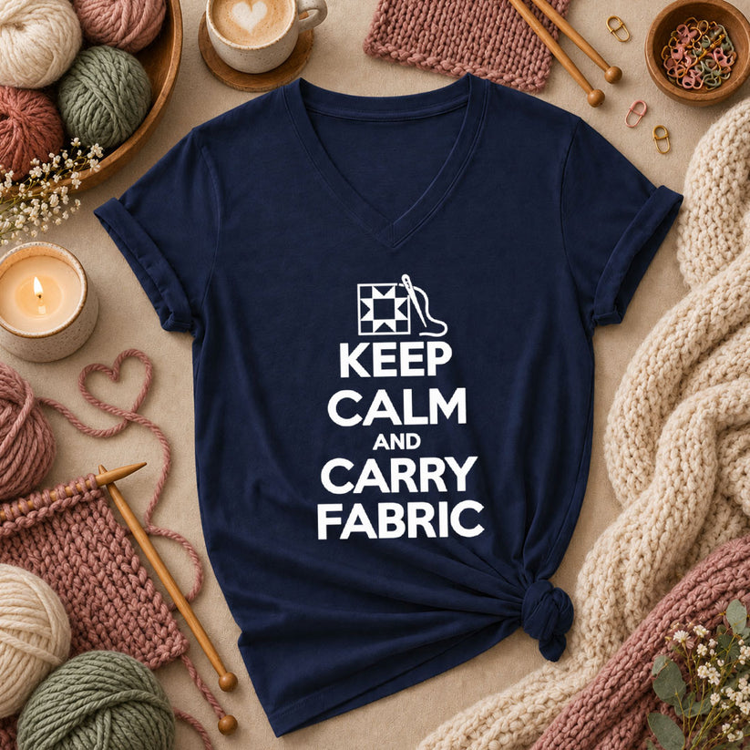 Keep Calm And Carry Fabric Quilt Block Women's V-Neck - Navy
