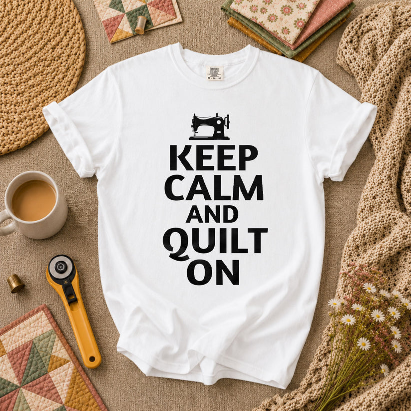 Keep Calm And Quilt On Vintage Sewing Machine T-Shirt - White