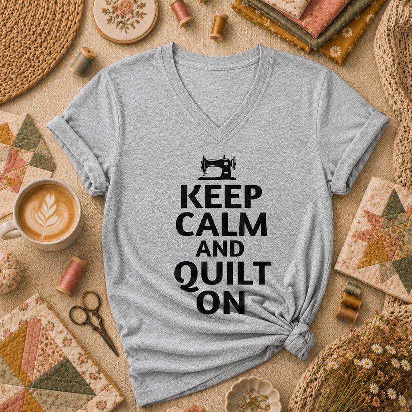 Keep Calm And Quilt On Vintage Sewing Machine Women's V-Neck - Athletic Heather