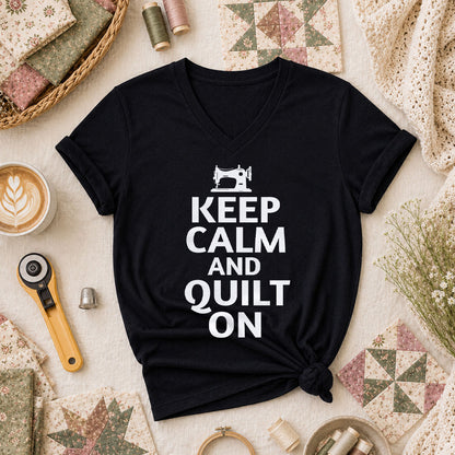 Keep Calm And Quilt On Vintage Sewing Machine Women's V-Neck - Black