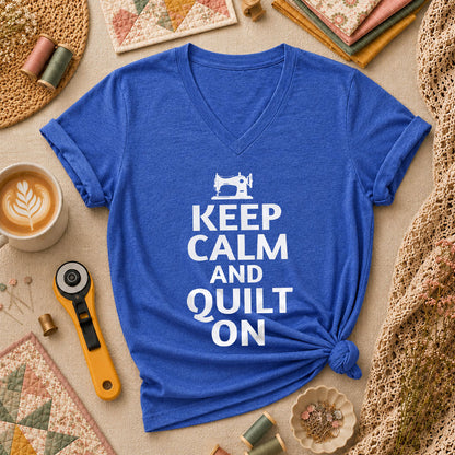 Keep Calm And Quilt On Vintage Sewing Machine Women's V-Neck - Heather True Royal