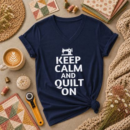 Keep Calm And Quilt On Vintage Sewing Machine Women's V-Neck - Navy