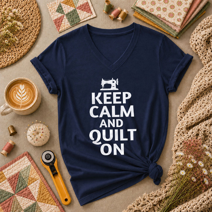 Keep Calm And Quilt On Vintage Sewing Machine Women's V-Neck - Navy