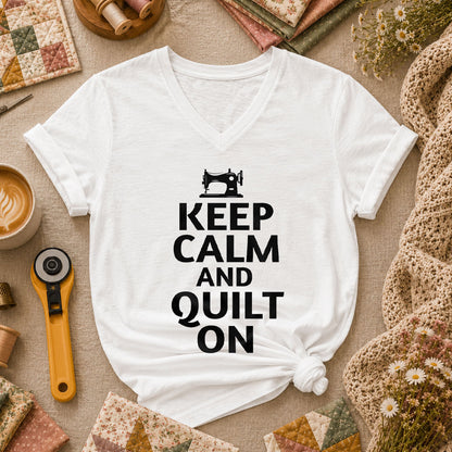 Keep Calm And Quilt On Vintage Sewing Machine Women's V-Neck - White