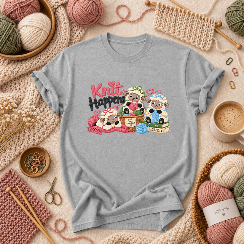 Knit Happens Cute Sheep T-Shirt - Athletic Heather