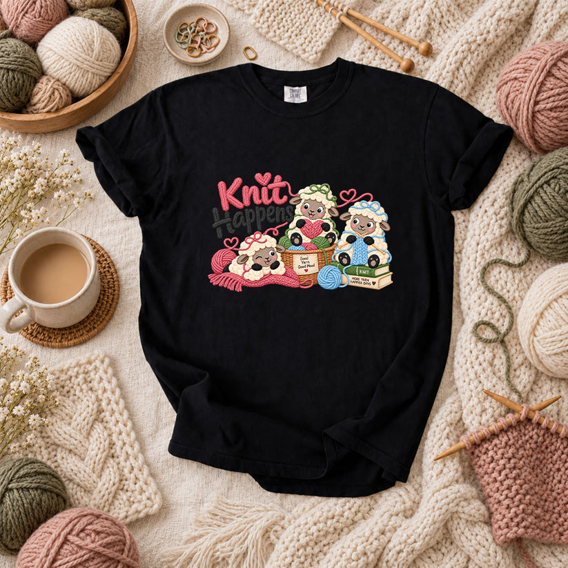 Knit Happens Cute Sheep T-Shirt - Black
