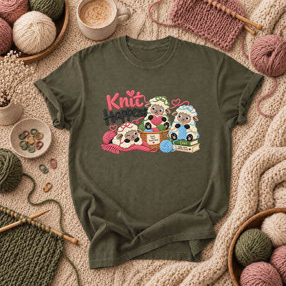Knit Happens Cute Sheep T-Shirt - Military Green