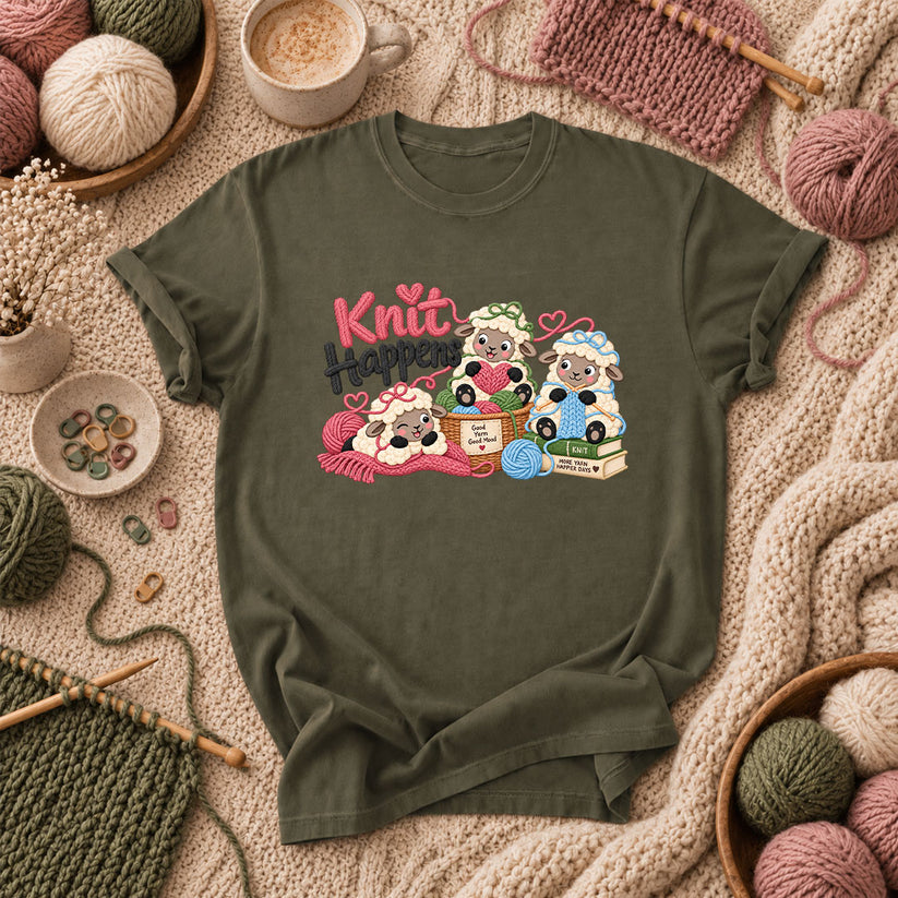 Knit Happens Cute Sheep T-Shirt - Military Green