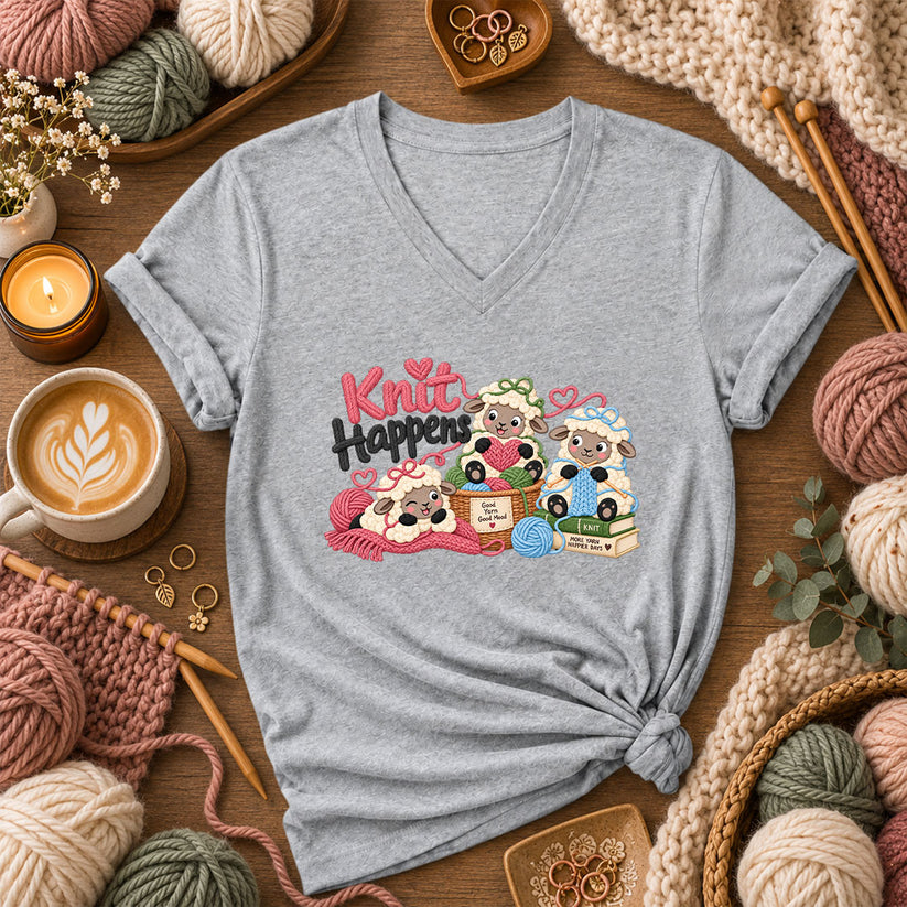 Knit Happens Cute Sheep Women's V-Neck - Athletic Heather