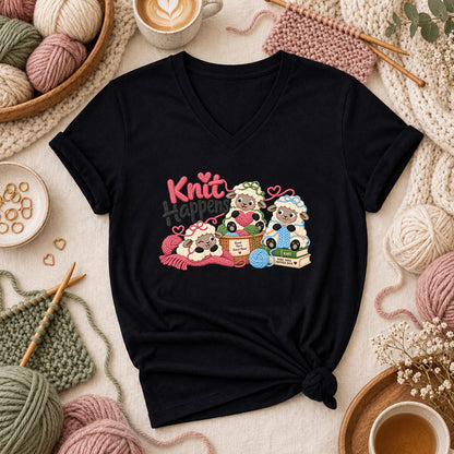 Knit Happens Cute Sheep Women's V-Neck - Black