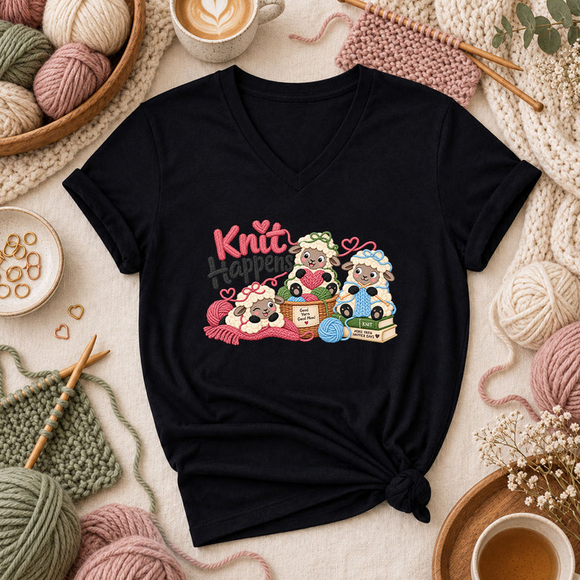Knit Happens Cute Sheep Women's V-Neck - Black