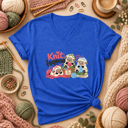 Knit Happens Cute Sheep Women's V-Neck - Heather True Royal