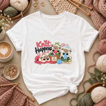 Knit Happens Cute Sheep Women's V-Neck - White