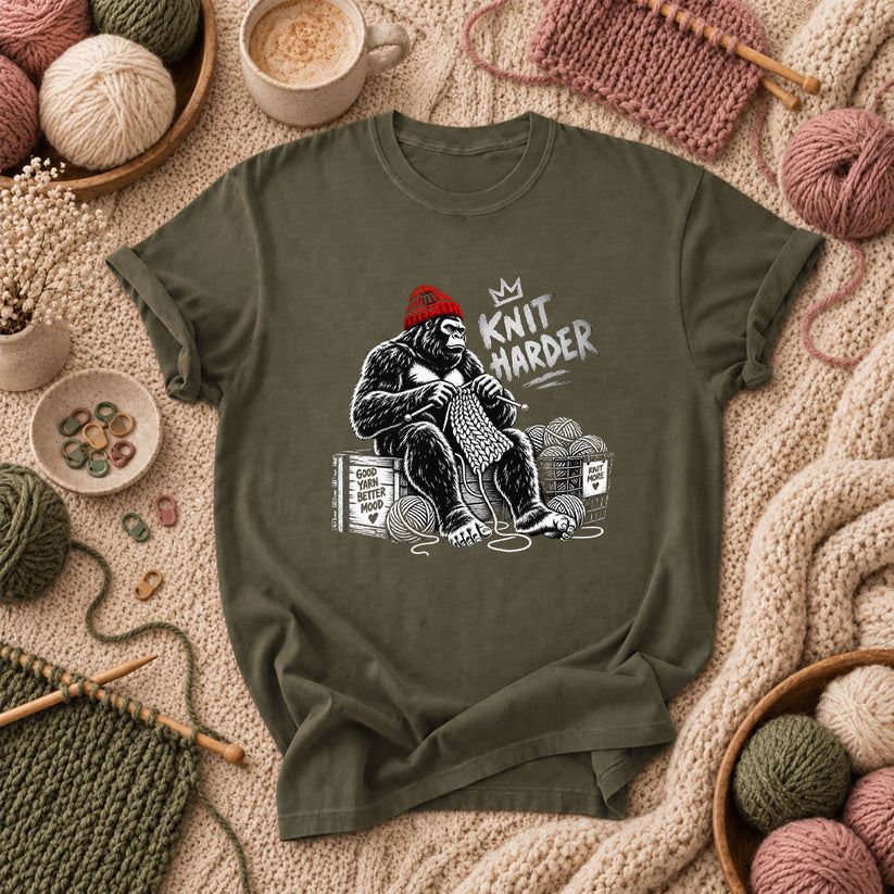 Knit Harder Gorilla With Beanie T-Shirt - Military Green