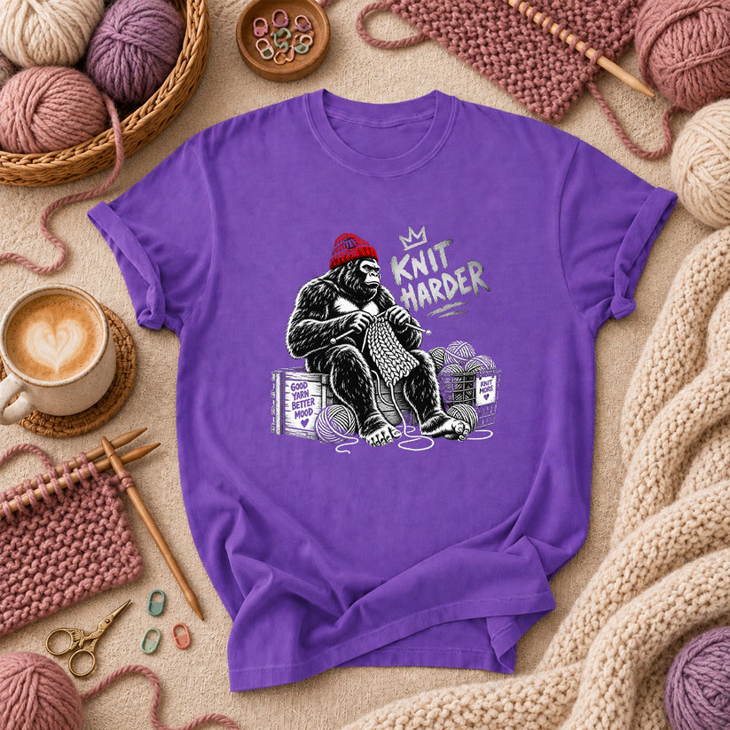 Knit Harder Gorilla With Beanie T-Shirt - Purple