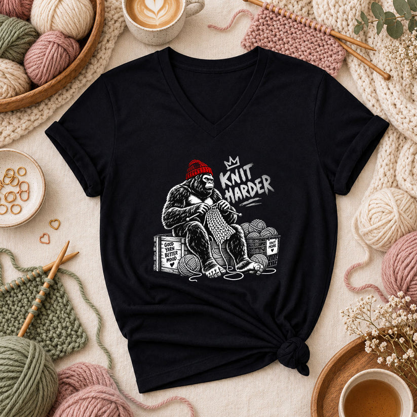 Knit Harder Gorilla With Beanie Women's V-Neck - Black