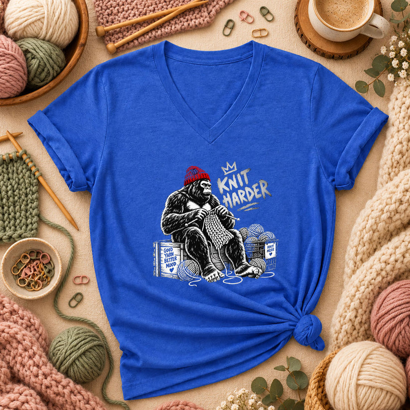 Knit Harder Gorilla With Beanie Women's V-Neck - Heather True Royal