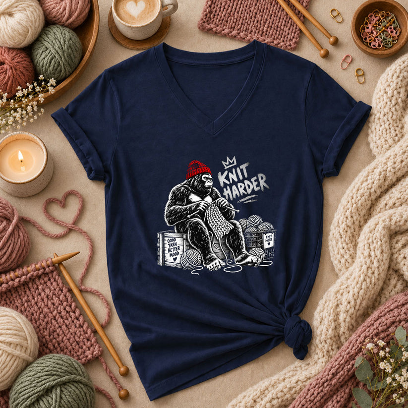 Knit Harder Gorilla With Beanie Women's V-Neck - Navy