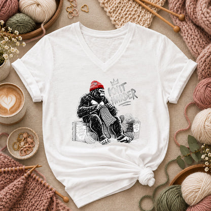 Knit Harder Gorilla With Beanie Women's V-Neck - White