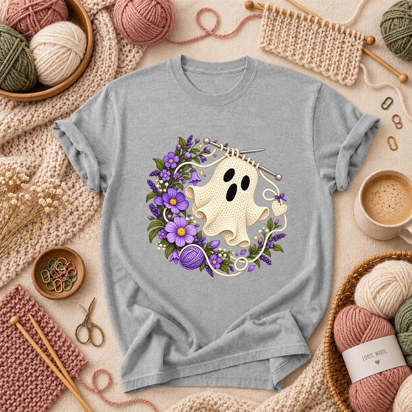 Knitted Ghost With Purple Flowers T-Shirt - Athletic Heather