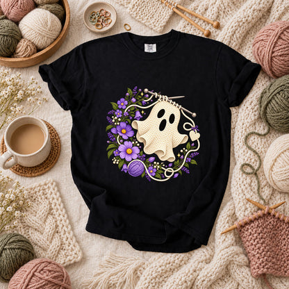 Knitted Ghost With Purple Flowers T-Shirt - Black