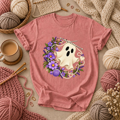Knitted Ghost With Purple Flowers T-Shirt - Heather Mauve