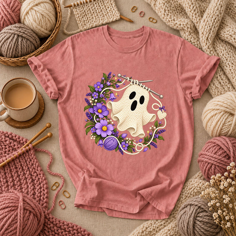 Knitted Ghost With Purple Flowers T-Shirt - Heather Mauve