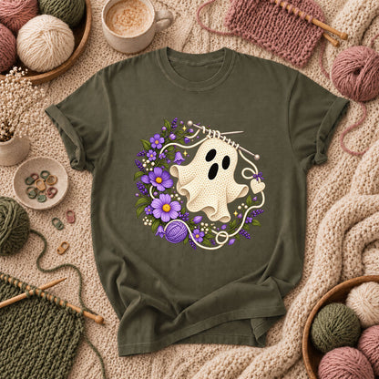 Knitted Ghost With Purple Flowers T-Shirt - Military Green