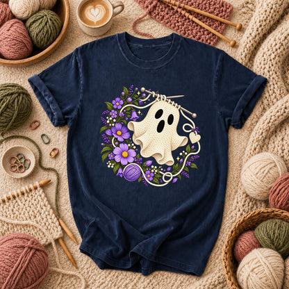 Knitted Ghost With Purple Flowers T-Shirt - Navy
