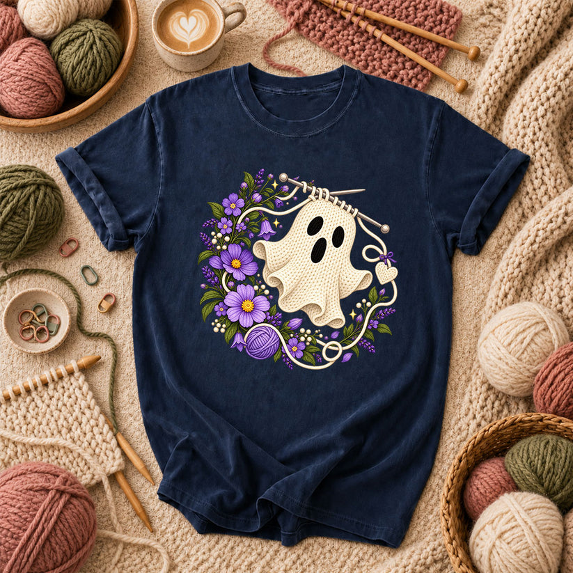 Knitted Ghost With Purple Flowers T-Shirt - Navy