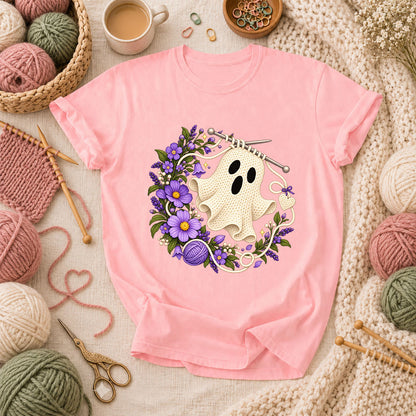 Knitted Ghost With Purple Flowers T-Shirt - Pink