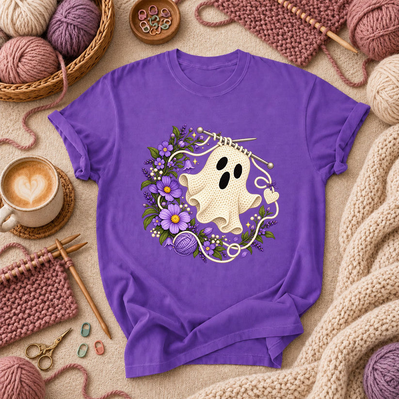 Knitted Ghost With Purple Flowers T-Shirt - Purple