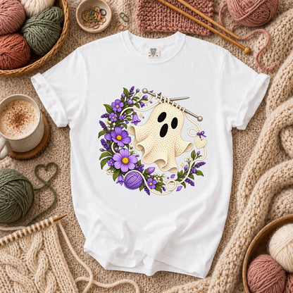 Knitted Ghost With Purple Flowers T-Shirt - White