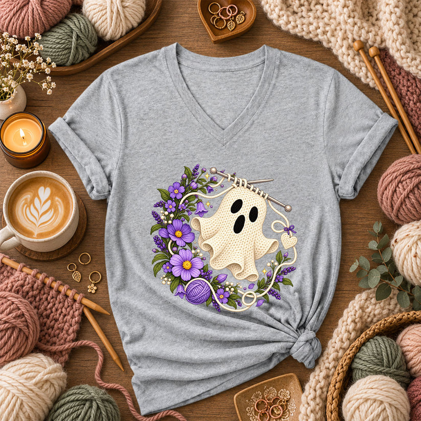 Knitted Ghost With Purple Flowers Women's V-Neck - Athletic Heather