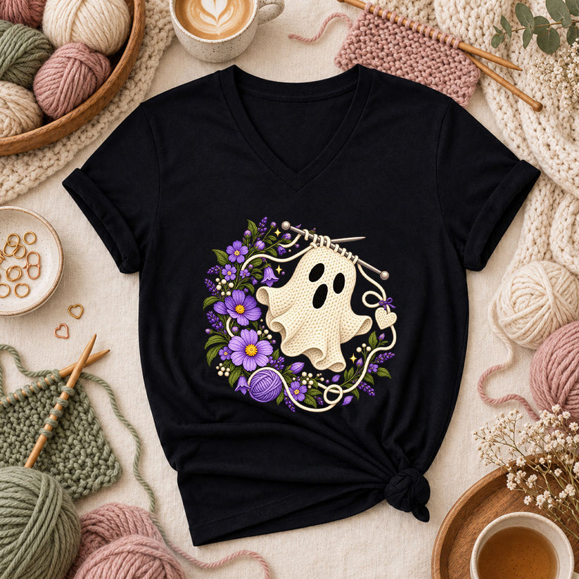 Knitted Ghost With Purple Flowers Women's V-Neck - Black