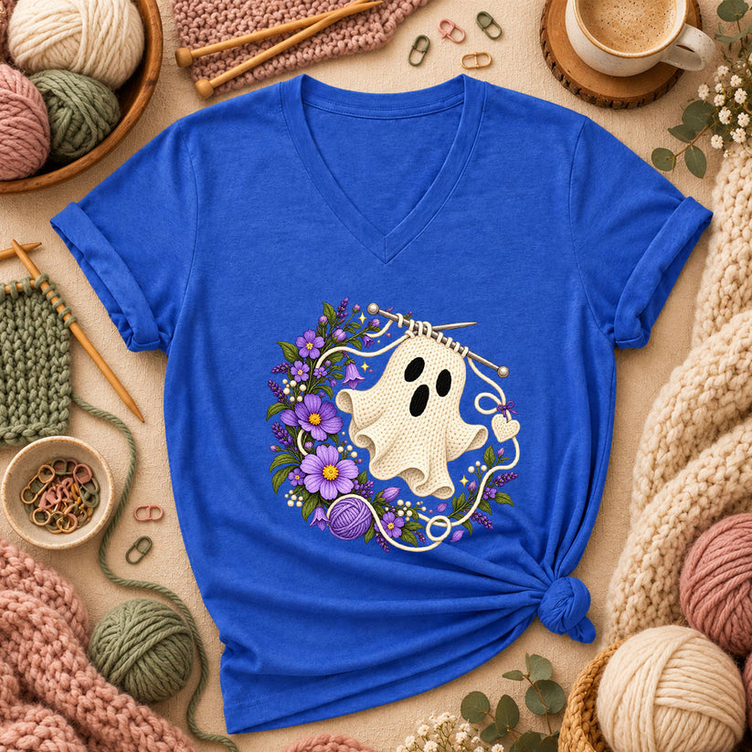 Knitted Ghost With Purple Flowers Women's V-Neck - Heather True Royal