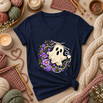 Knitted Ghost With Purple Flowers Women's V-Neck - Navy